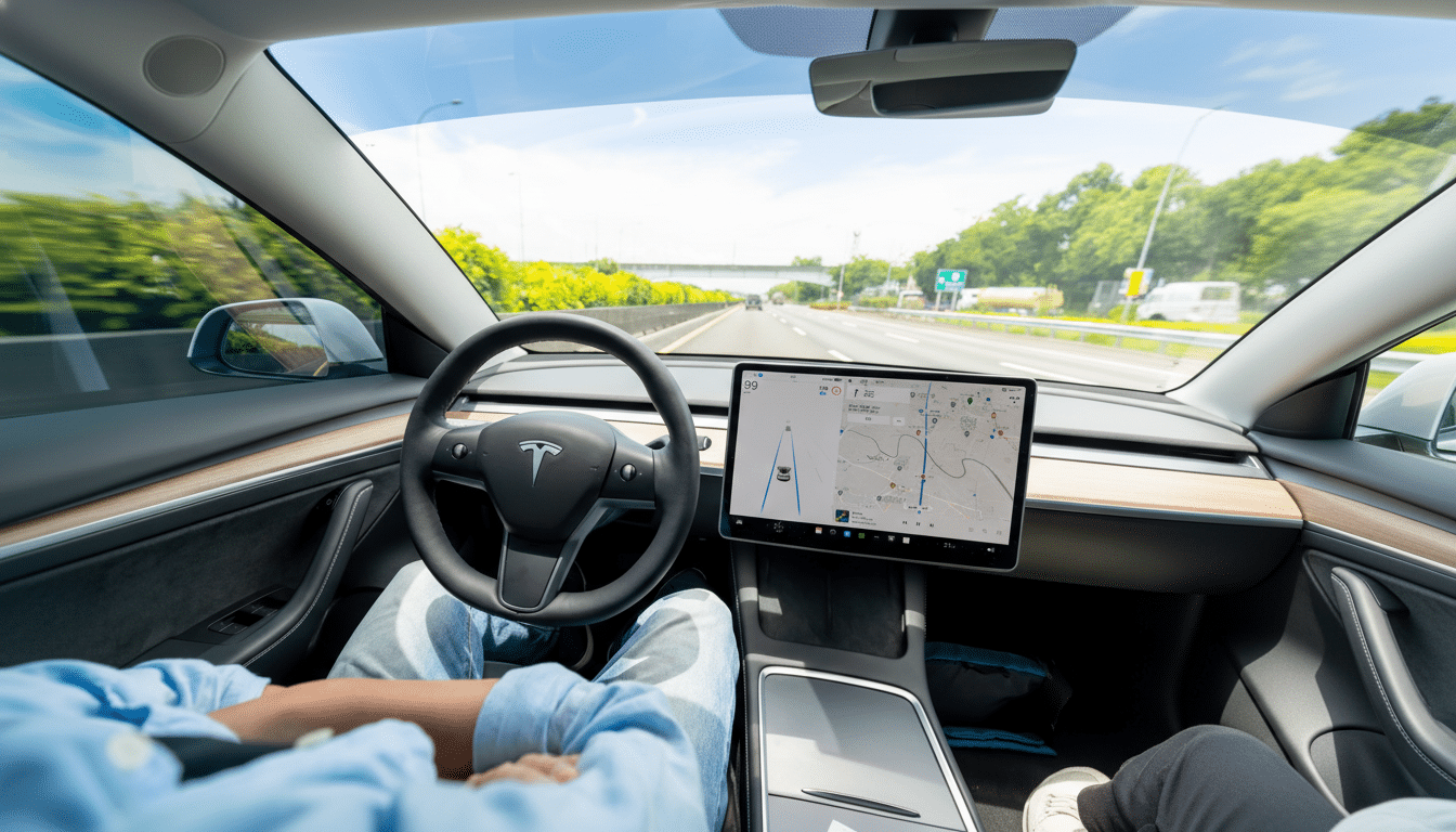 A person driving a Tesla on a highway, with the cars navigation system displayed on the central screen.