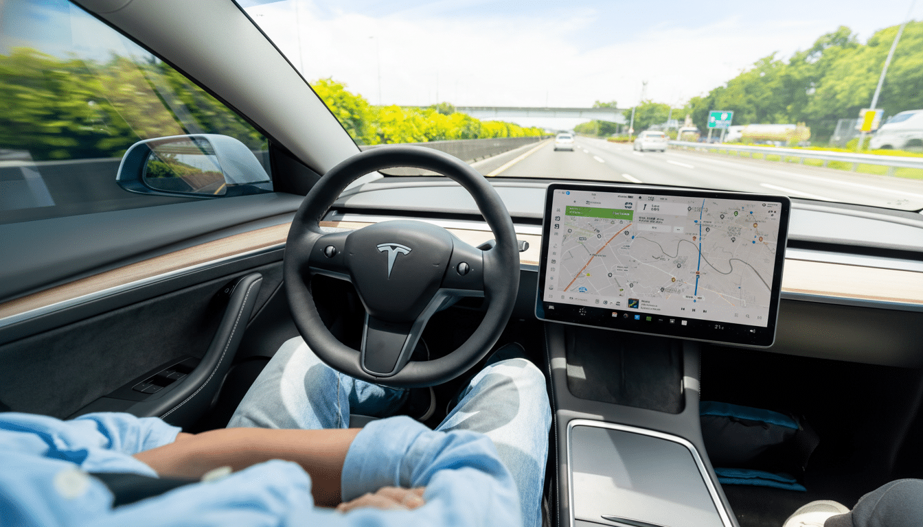 A person driving a Tesla on a highway, with the cars navigation system displayed on the central screen.