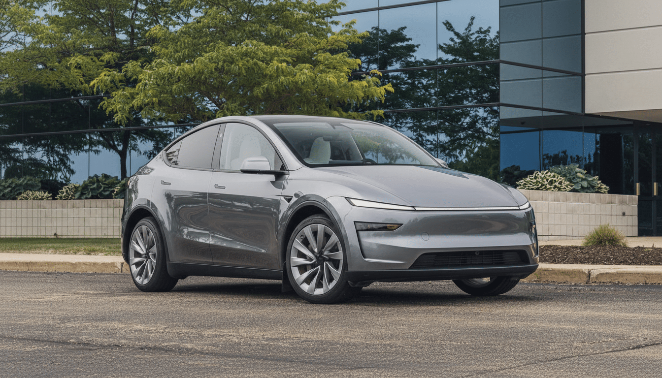 A gray electric car parked on asphalt in front of a modern building with reflective windows and green trees.