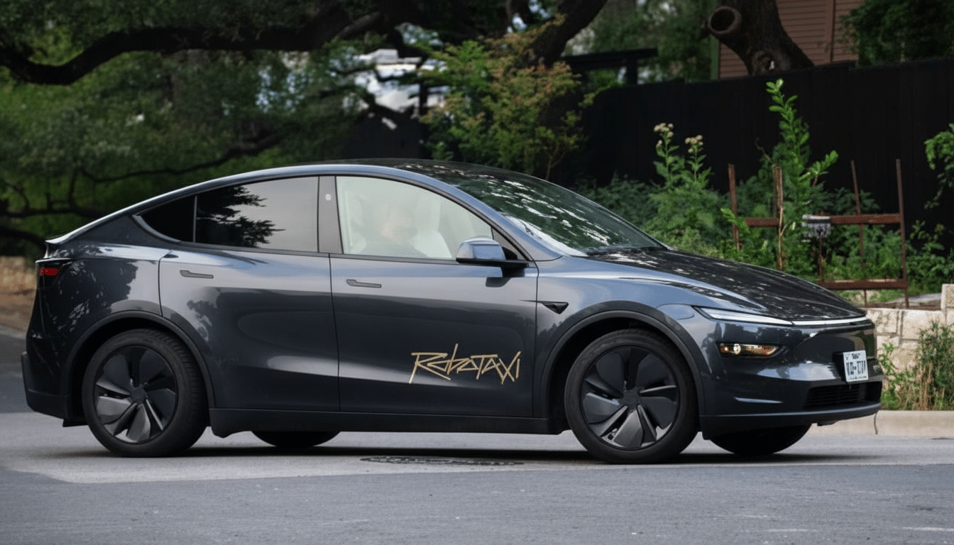 A dark grey Tesla Cybertruck with Robotaxi written on the side in gold lettering, parked on a street with trees and bushes in the background.
