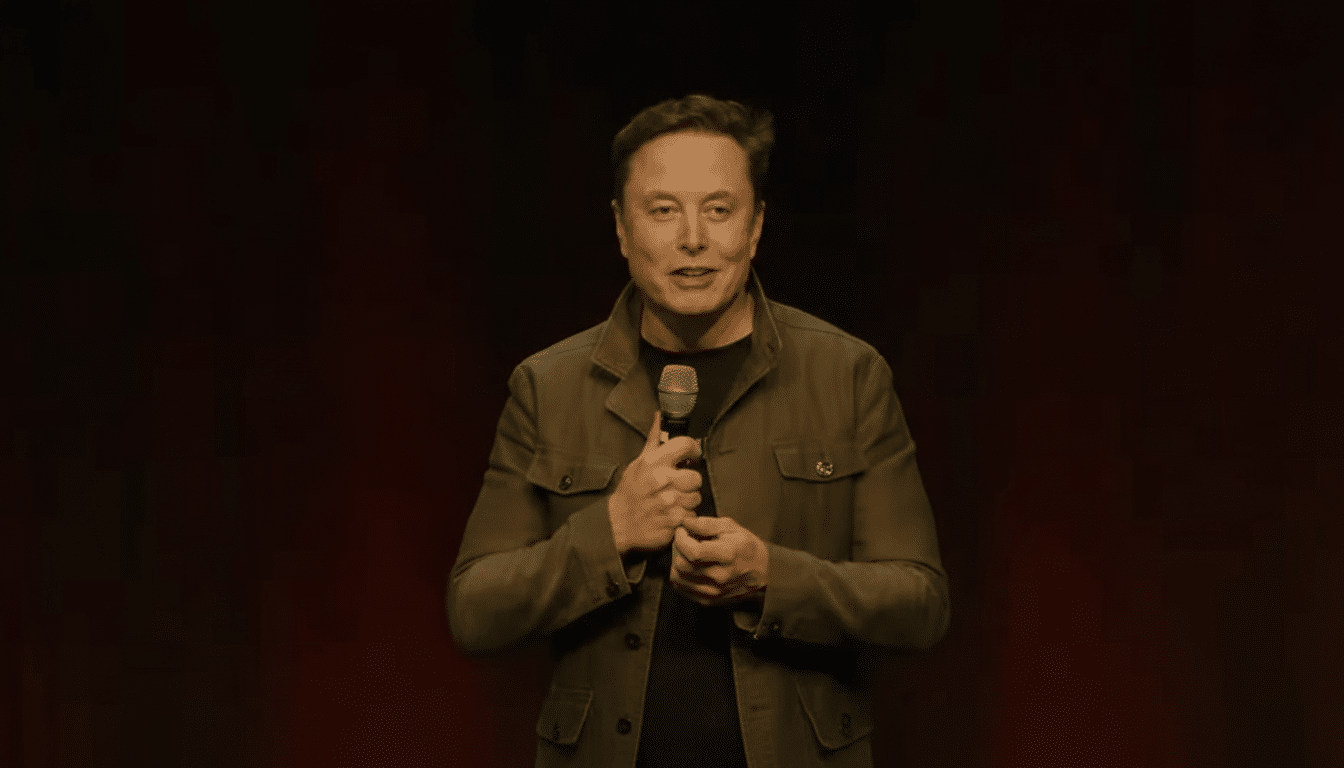 Elon Musk speaking into a microphone on a stage with a dark red background.