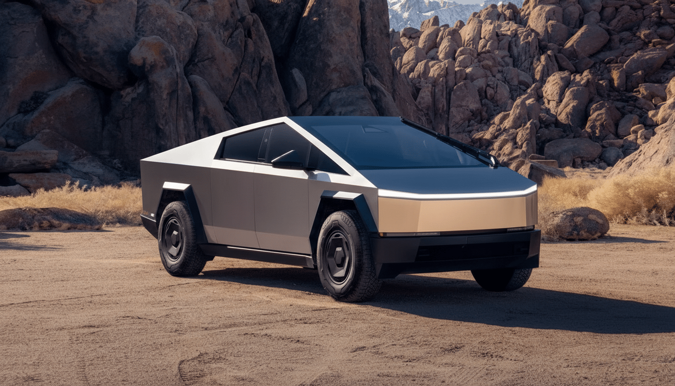A Tesla Cybertruck parked on a dirt road with rocky hills in the background.