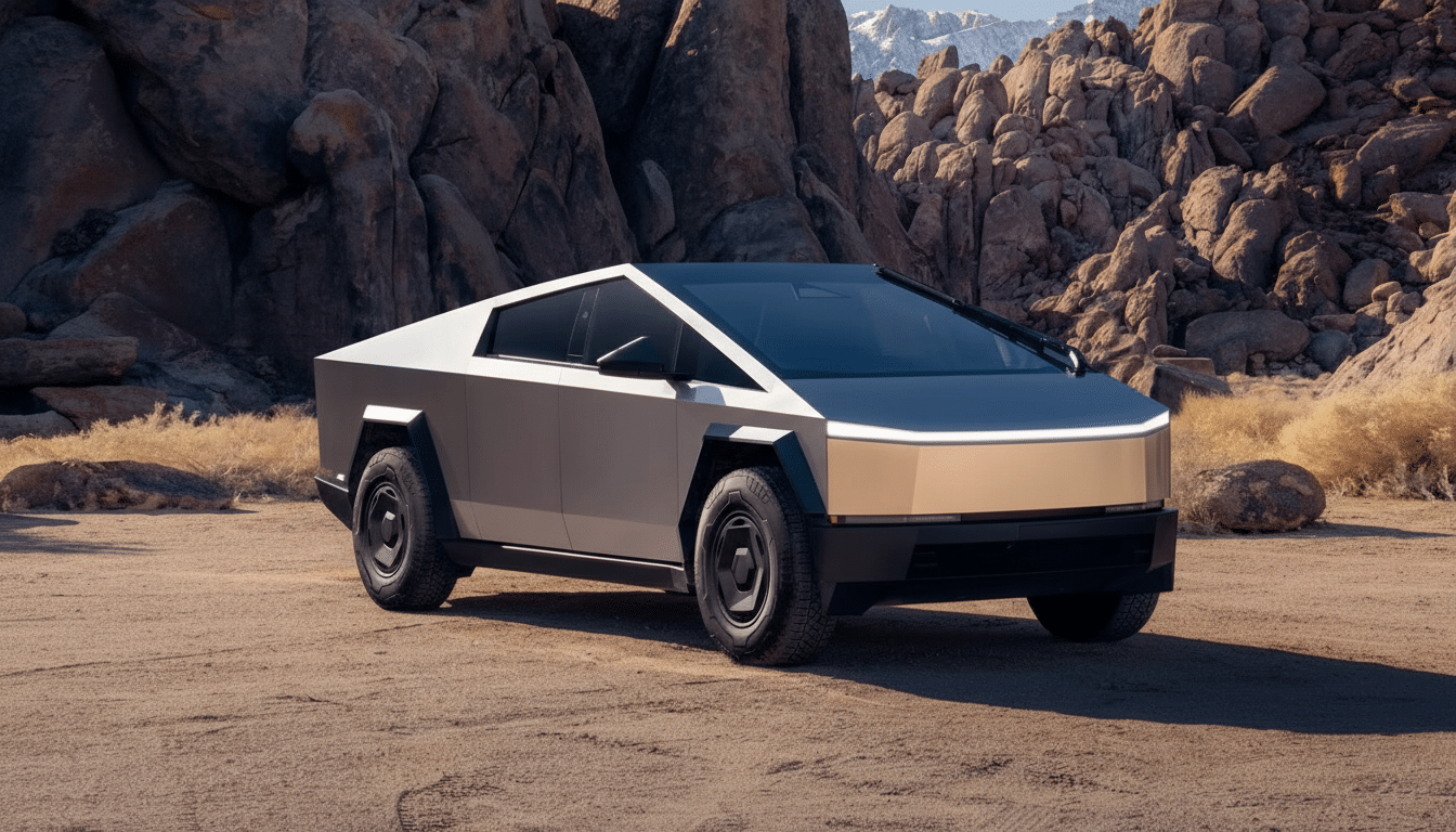 A Tesla Cybertruck parked on a dirt road with rocky hills in the background.