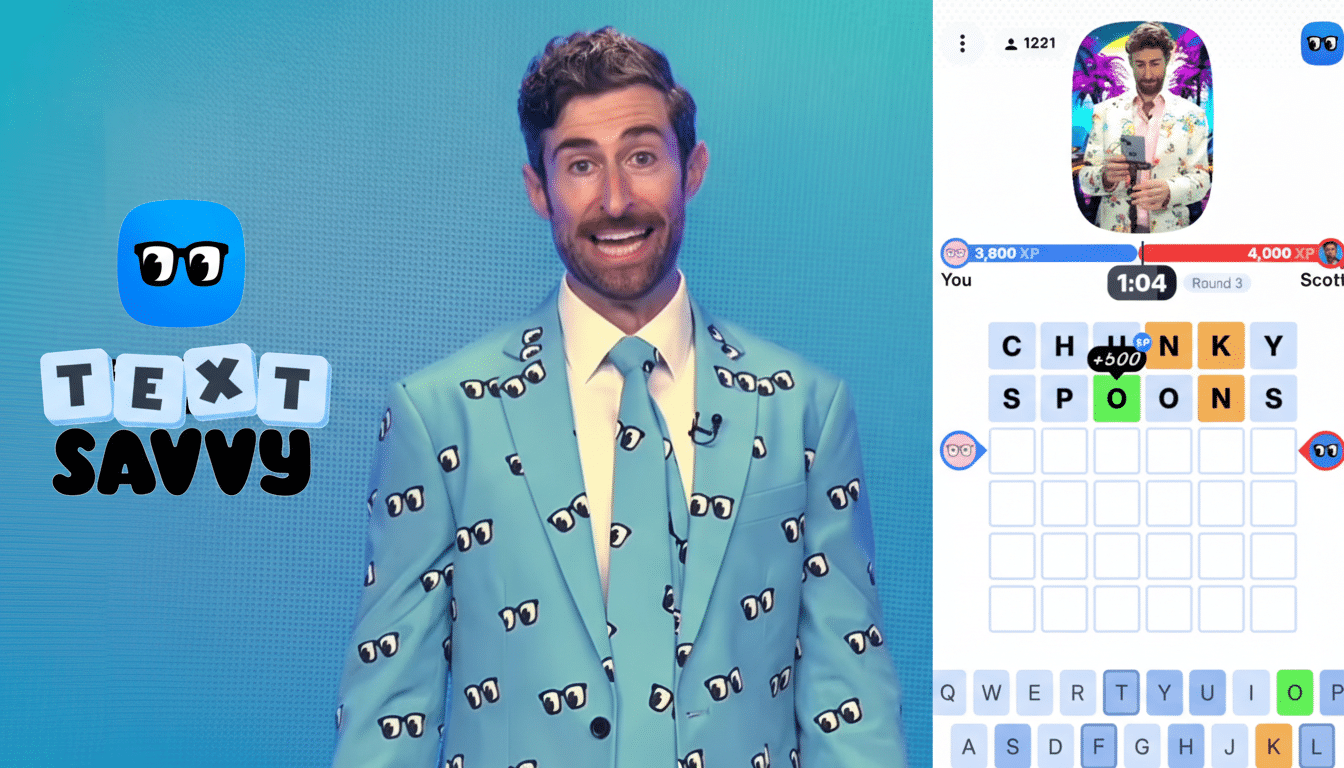 A man in a light blue suit with an eye pattern stands in front of a blue background, next to a Text Savvy logo and a mobile game interface.