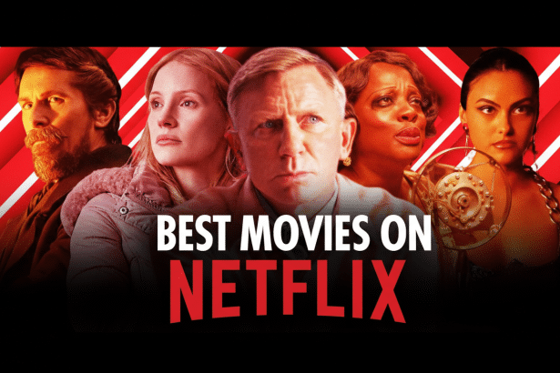 A 16:9 aspect ratio image featuring a collage of five actors, with the text BEST MOVIES ON NETFLIX prominently displayed in the foreground.