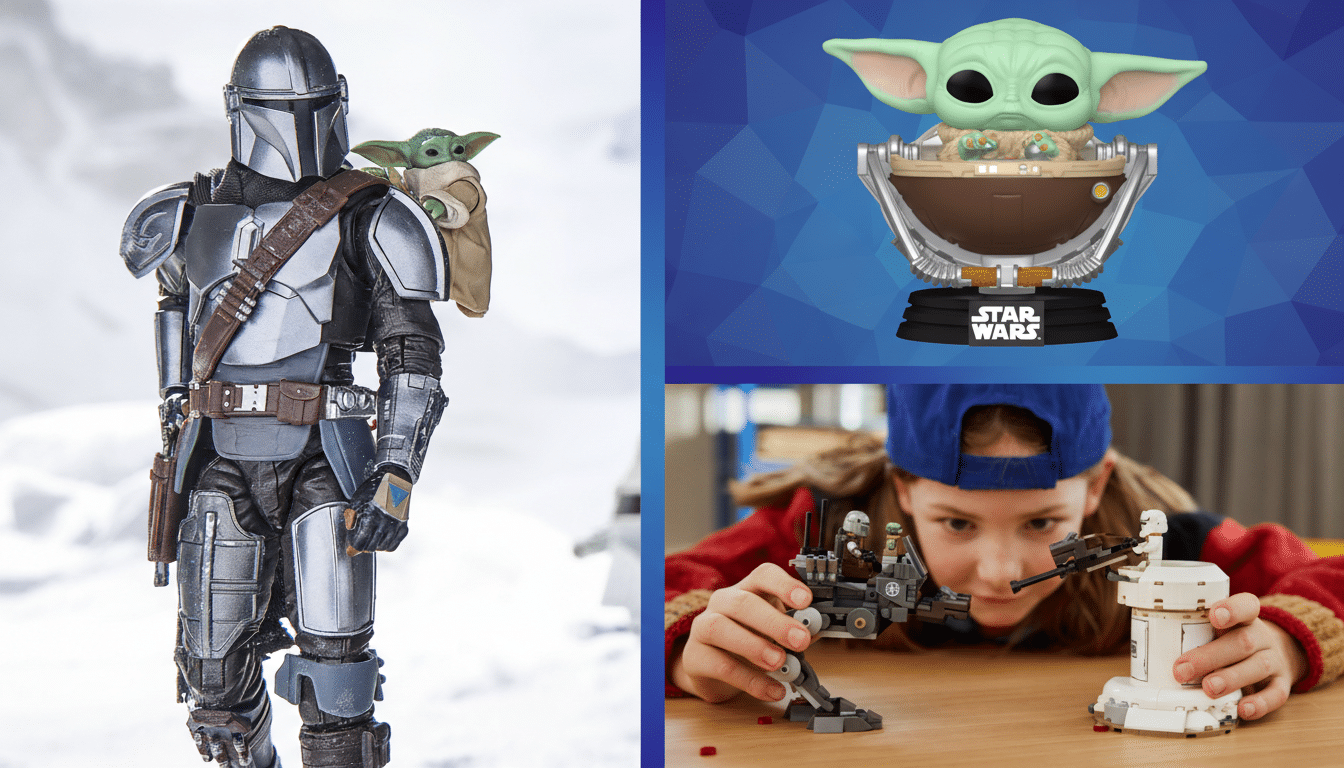 A collage of three images. The left image shows a Mandalorian action figure with Grogu on its shoulder in a snowy landscape. The top right image features a Funko Pop! figure of Grogu in his hover pram against a blue geometric background. The bottom right image shows a child playing with a Lego set.