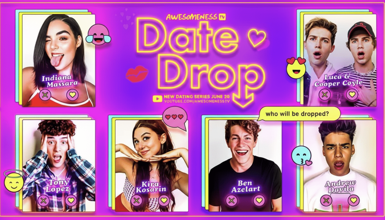 A promotional image for Awesomeness TV Date Drop featuring six young individuals in separate frames, with the shows title prominently displayed in neon letters.