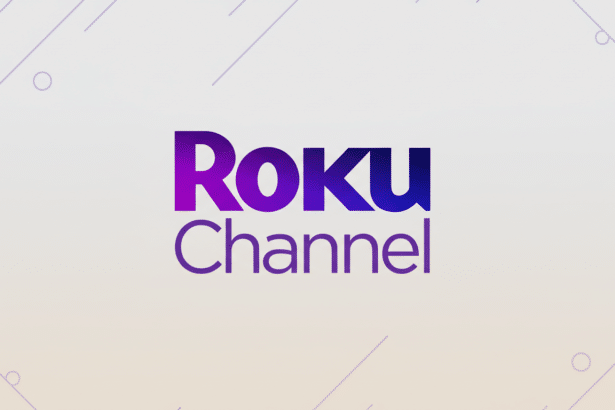 The Roku Channel logo on a light background with subtle geometric patterns.