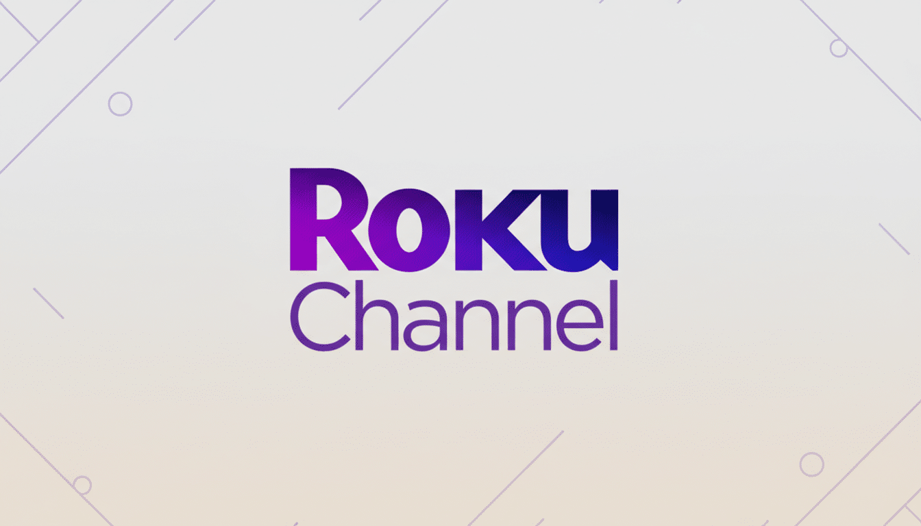 The Roku Channel logo on a light background with subtle geometric patterns.