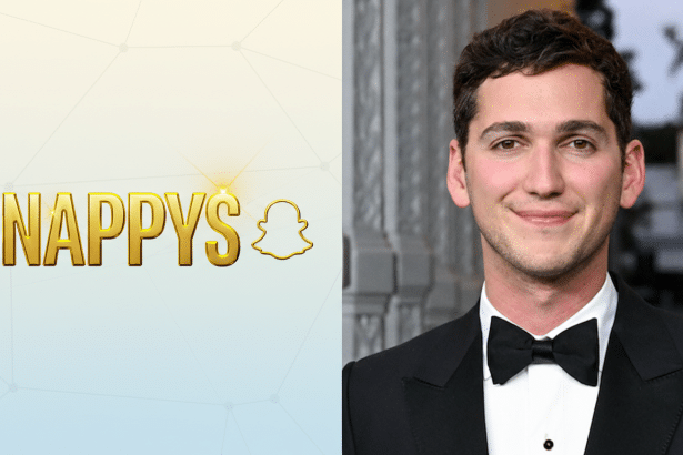 A 16:9 aspect ratio image featuring the SNAPPYS logo with a Snapchat ghost icon on the left, and a man in a tuxedo on the right, with a subtle patterned gradient background behind the logo.