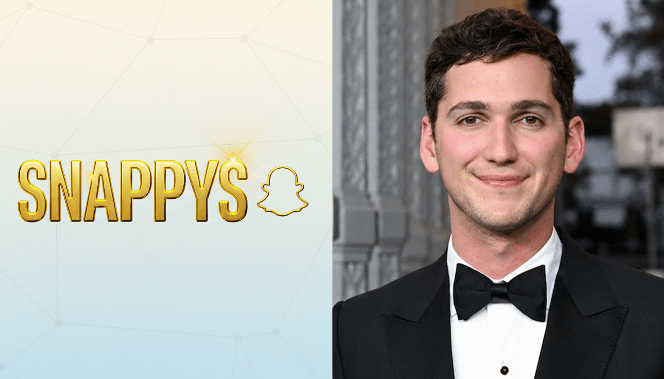 A 16:9 aspect ratio image featuring the SNAPPYS logo with a Snapchat ghost icon on the left, and a man in a tuxedo on the right, with a subtle patterned gradient background behind the logo.