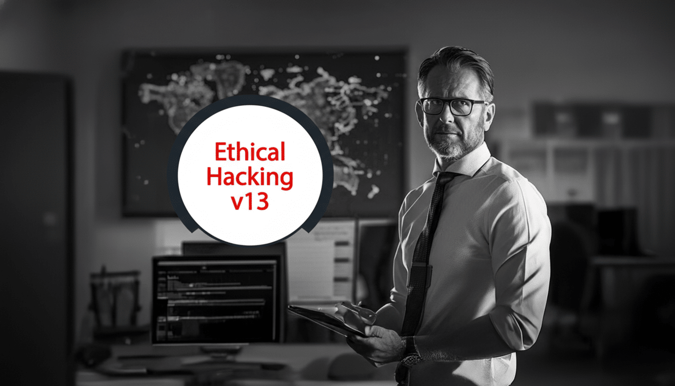 A man in a shirt and tie holding a tablet, with Ethical Hacking v13 in a red circle overlayed on the image. The background features a map on a screen and a desk with a laptop.