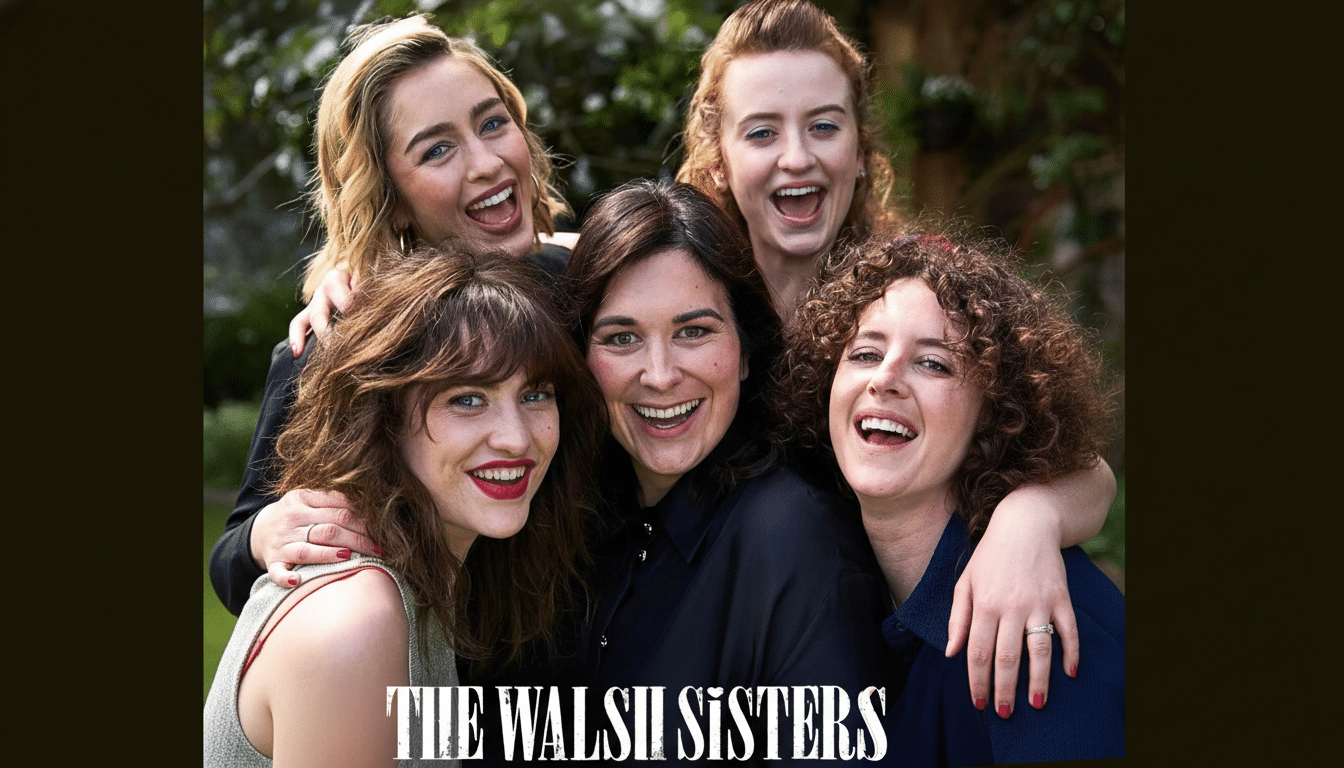 A group of five smiling women, identified by the text THE WALSH SISTERS at the bottom, are shown in a 16:9 aspect ratio. They are embracing each other and laughing, with a blurred green outdoor background.