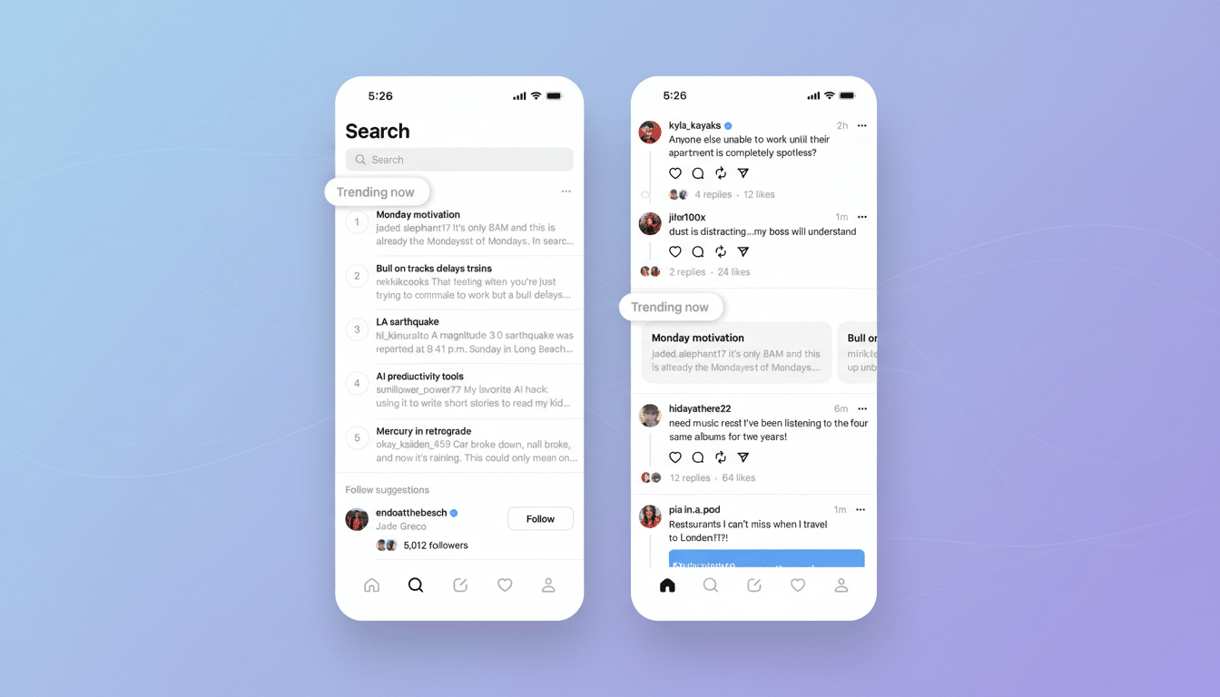 A 16:9 aspect ratio image showing two mobile phone screens side-by-side, displaying a social media application. The left screen shows a Search interface with trending topics, and the right screen shows a feed with user posts and a Trending now section. The background is a professional flat design with soft blue and purple gradients.