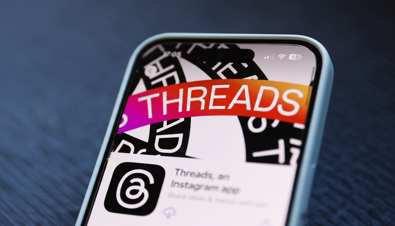 A close-up of a smartphone screen displaying the Threads app logo and name, with the word THREADS prominently featured in a colorful banner.