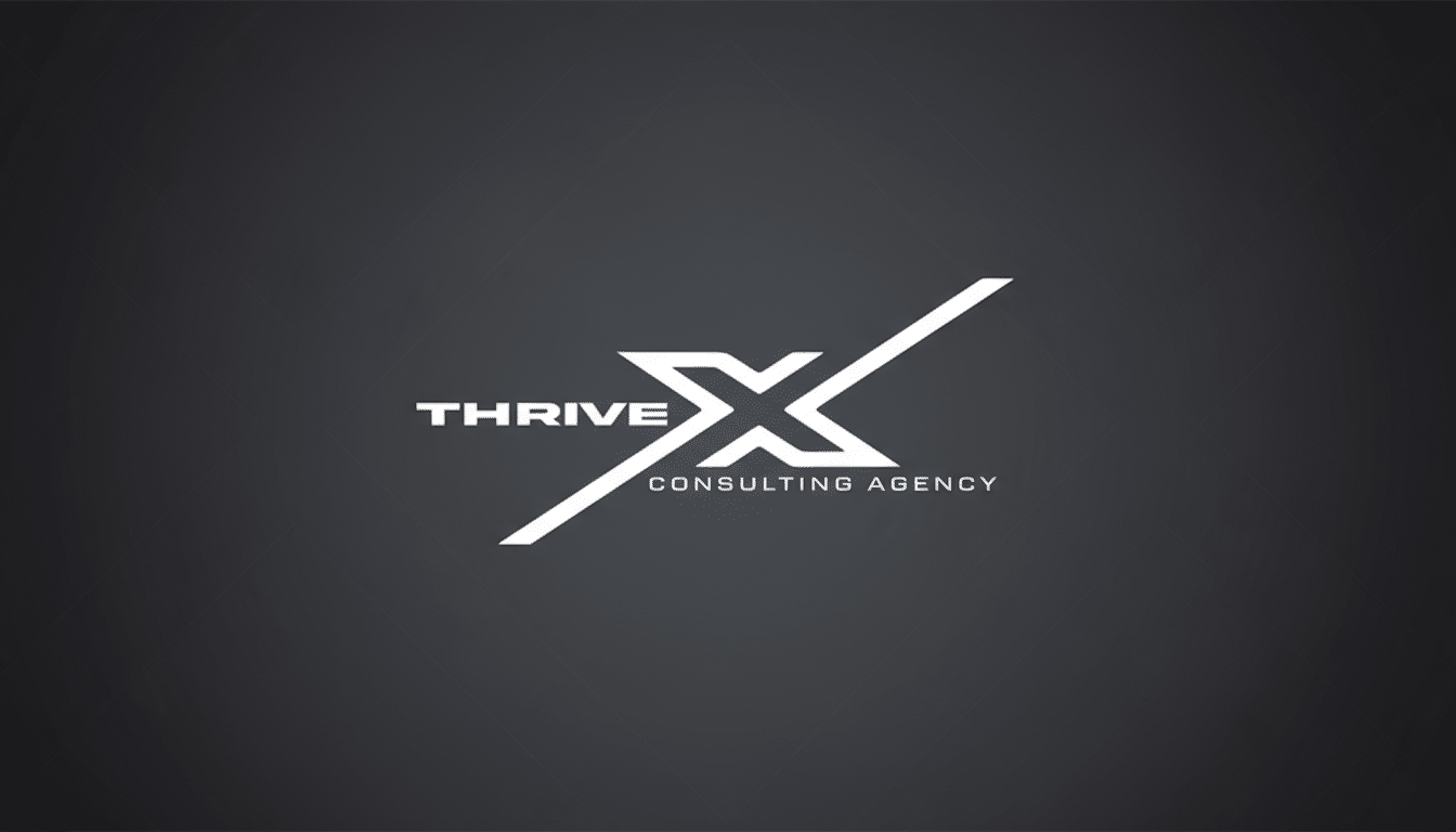 The ThriveX Consulting Agency logo, featuring THRIVE and CONSULTING AGENCY in white text, with a stylized X forming the central design element, all set against a professional dark grey background with subtle diagonal patterns.