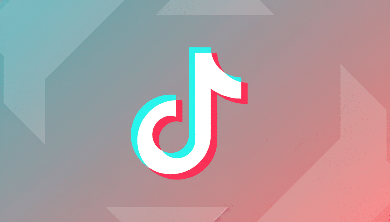 The TikTok logo, a white musical note with cyan and red shadows, centered on a professional flat design background with soft gray, cyan, and red gradients and subtle geometric patterns.