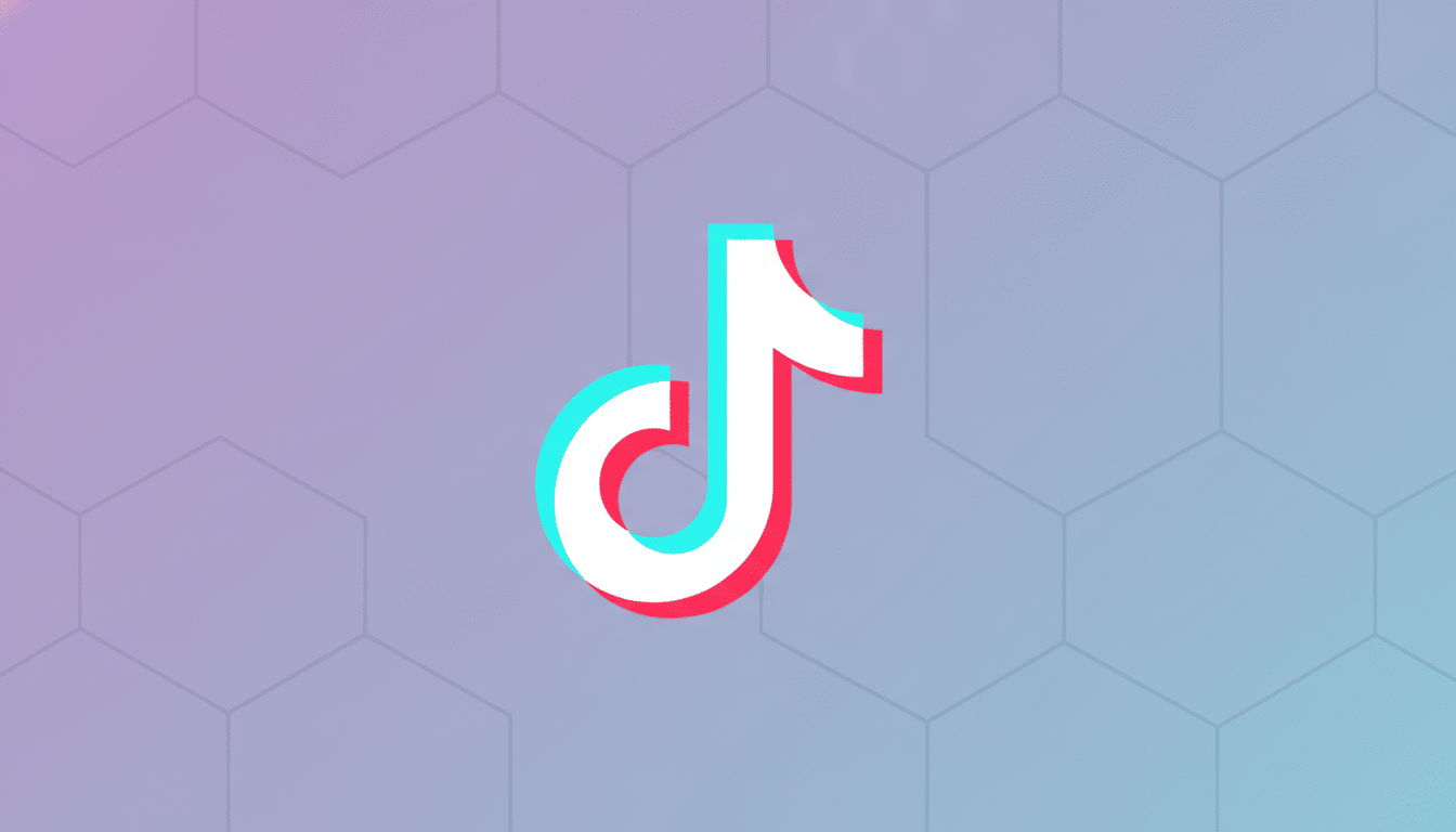 The TikTok logo, a white musical note with cyan and red shadows, centered on a professional flat design background with soft purple and blue gradients and a subtle hexagonal pattern.
