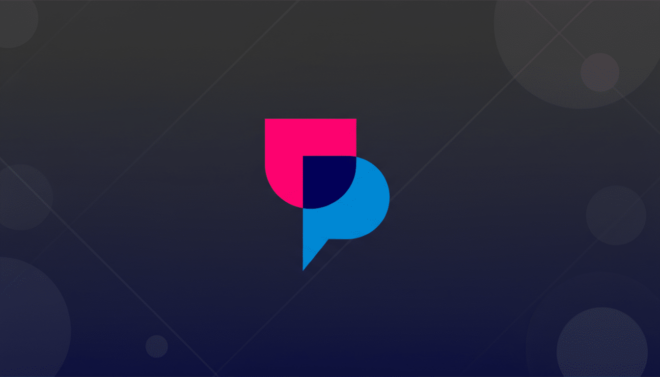 A 16:9 aspect ratio image featuring a logo composed of overlapping pink and blue geometric shapes, resembling a stylized P or a chat bubble, set against a professional dark gray background with subtle patterns.