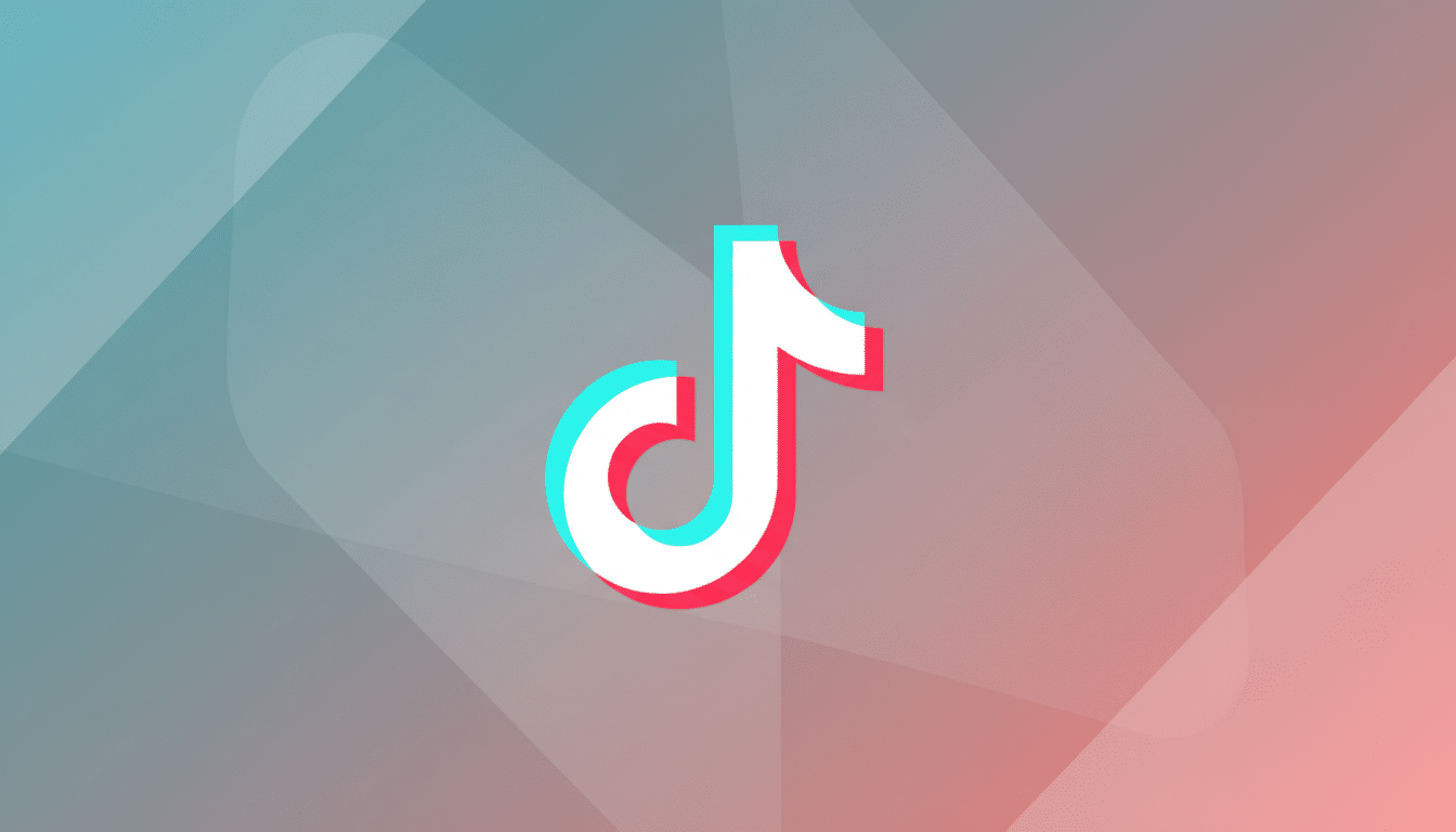 The TikTok logo, a white musical note with cyan and red shadows, centered on a professional flat design background with soft geometric patterns and a gradient from teal to pink.