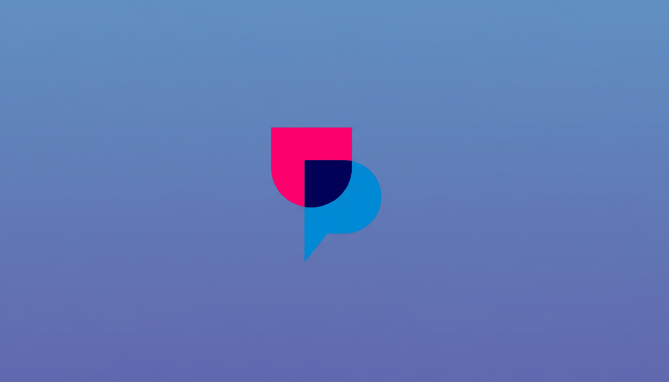 A logo featuring a pink shield-like shape overlapping a blue speech bubble, creating a dark blue intersection, all set against a professional flat design background with a soft blue and purple gradient.