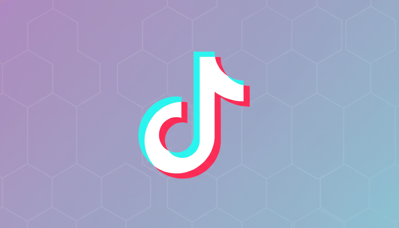 The TikTok logo, a white musical note with cyan and red shadows, centered on a professional 16:9 background with a soft purple and blue gradient and subtle hexagonal patterns.