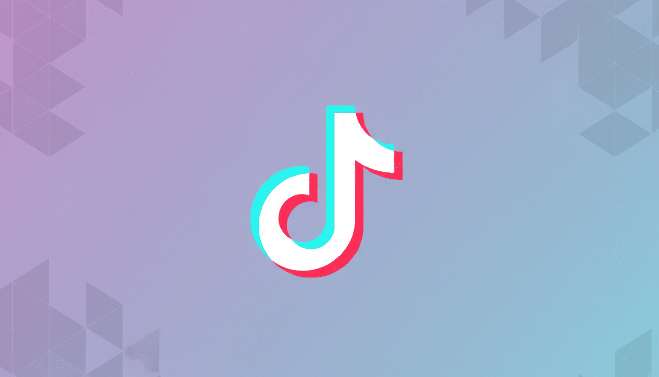 The TikTok logo, a white musical note with cyan and red shadows, centered on a professional flat design background with a soft gradient from purple to blue and subtle geometric patterns in the corners.