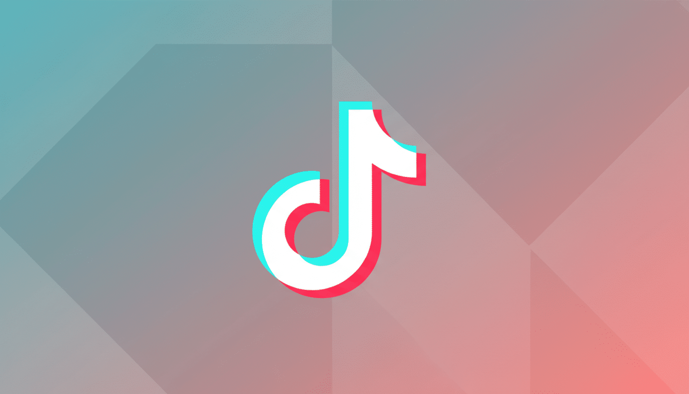 The TikTok logo, a white musical note with cyan and red shadows, centered on a professional flat design background with soft gradients of teal and pink and subtle geometric patterns.