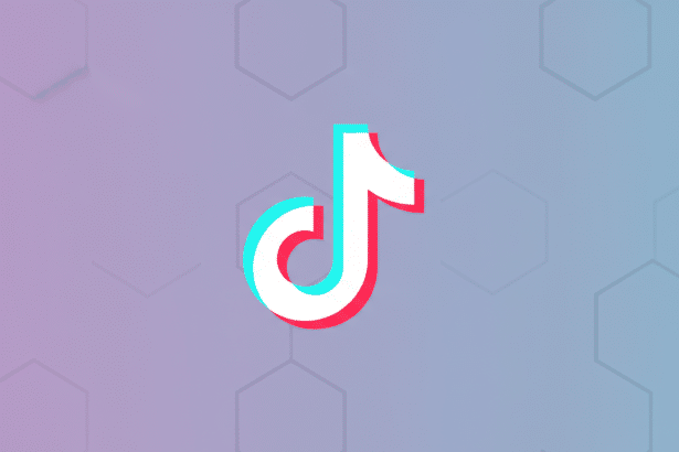 The TikTok logo, a white musical note with cyan and red shadows, centered on a professional 16:9 background with a soft purple to blue gradient and subtle hexagonal patterns.
