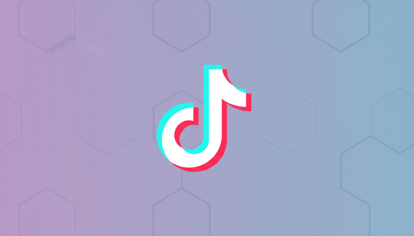 The TikTok logo, a white musical note with cyan and red shadows, centered on a professional 16:9 background with a soft purple to blue gradient and subtle hexagonal patterns.