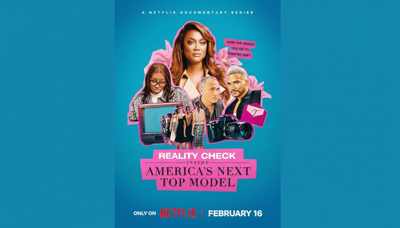 A Netflix documentary series poster for Reality Check: Inside Americas Next Top Model featuring Tyra Banks and other figures, with a camera, a television, and models, all on a blue background.