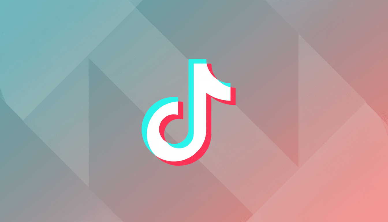 The TikTok logo, a white musical note with cyan and red shadows, centered on a professional flat design background with soft geometric patterns and a gradient from teal to coral.