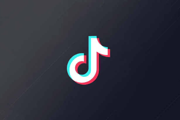 The TikTok logo, a white musical note with cyan and red shadows, centered on a dark gray background with subtle diagonal lines.
