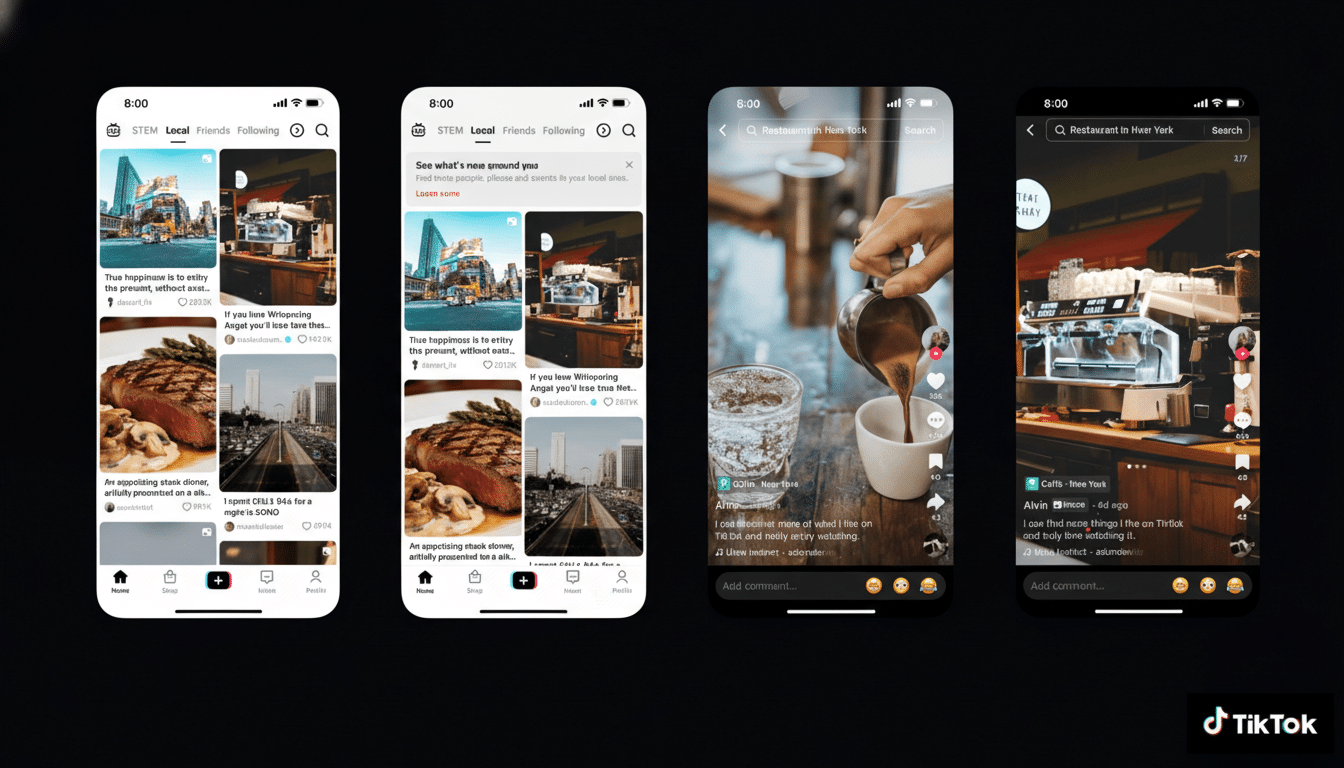 A 16:9 aspect ratio image showcasing four TikTok app screens on a dark background. The screens display content related to food and restaurants, with one screen showing a hand pouring coffee into a cup.