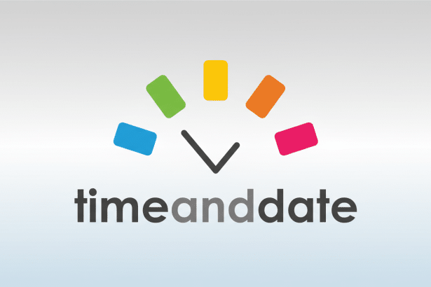 The Time and Date logo, featuring a stylized clock icon with colorful rectangular segments and the text timeanddate below, presented on a professional flat design background with a soft gradient, resized to a 16:9 aspect ratio.
