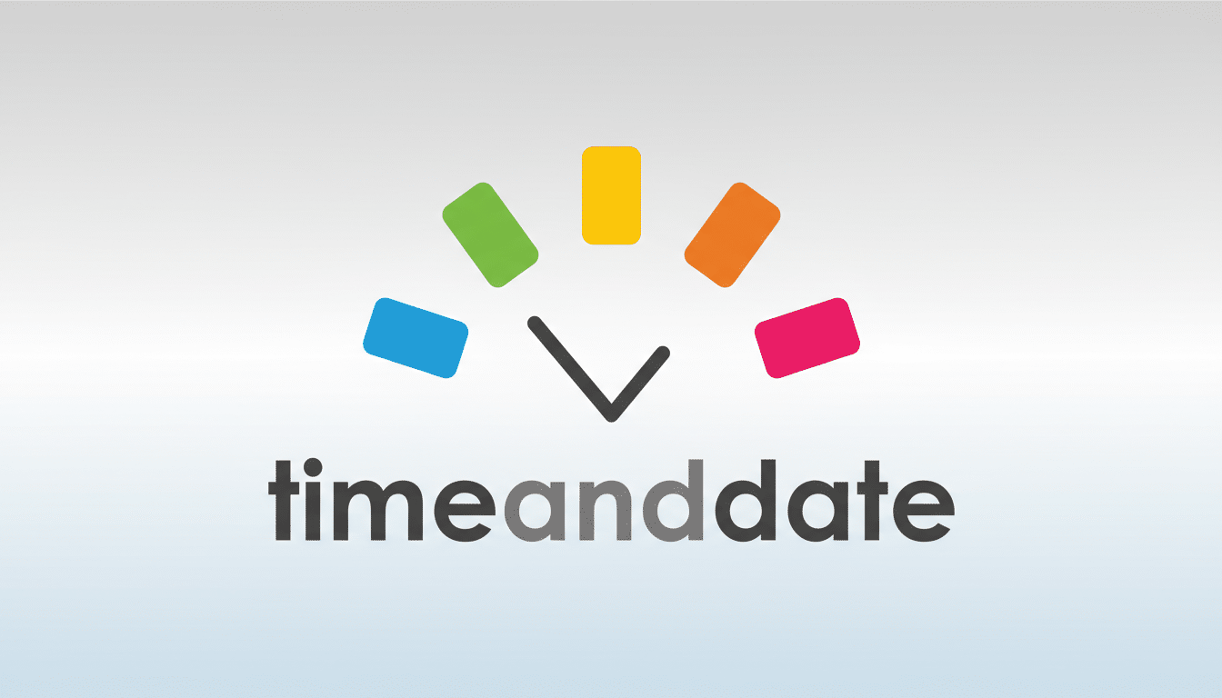 The Time and Date logo, featuring a stylized clock icon with colorful rectangular segments and the text timeanddate below, presented on a professional flat design background with a soft gradient, resized to a 16:9 aspect ratio.