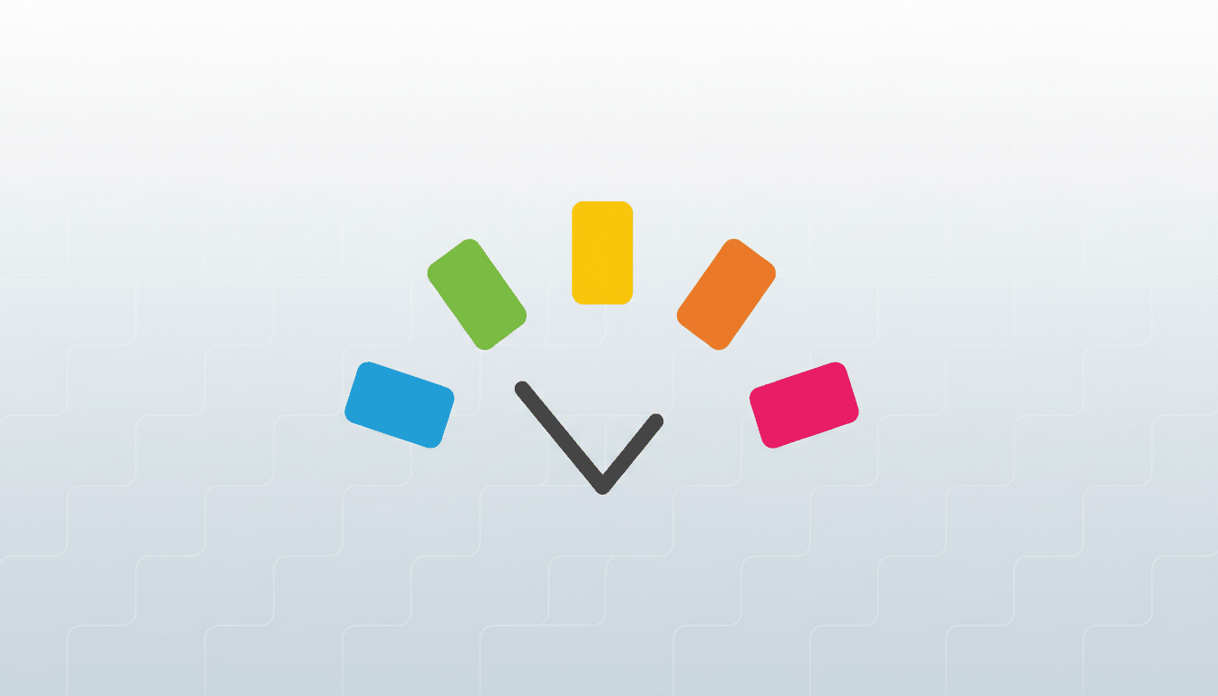 A logo featuring a black downward-pointing chevron surrounded by five rounded rectangles in blue, green, yellow, orange, and pink, all set against a light gray background with a subtle geometric pattern.