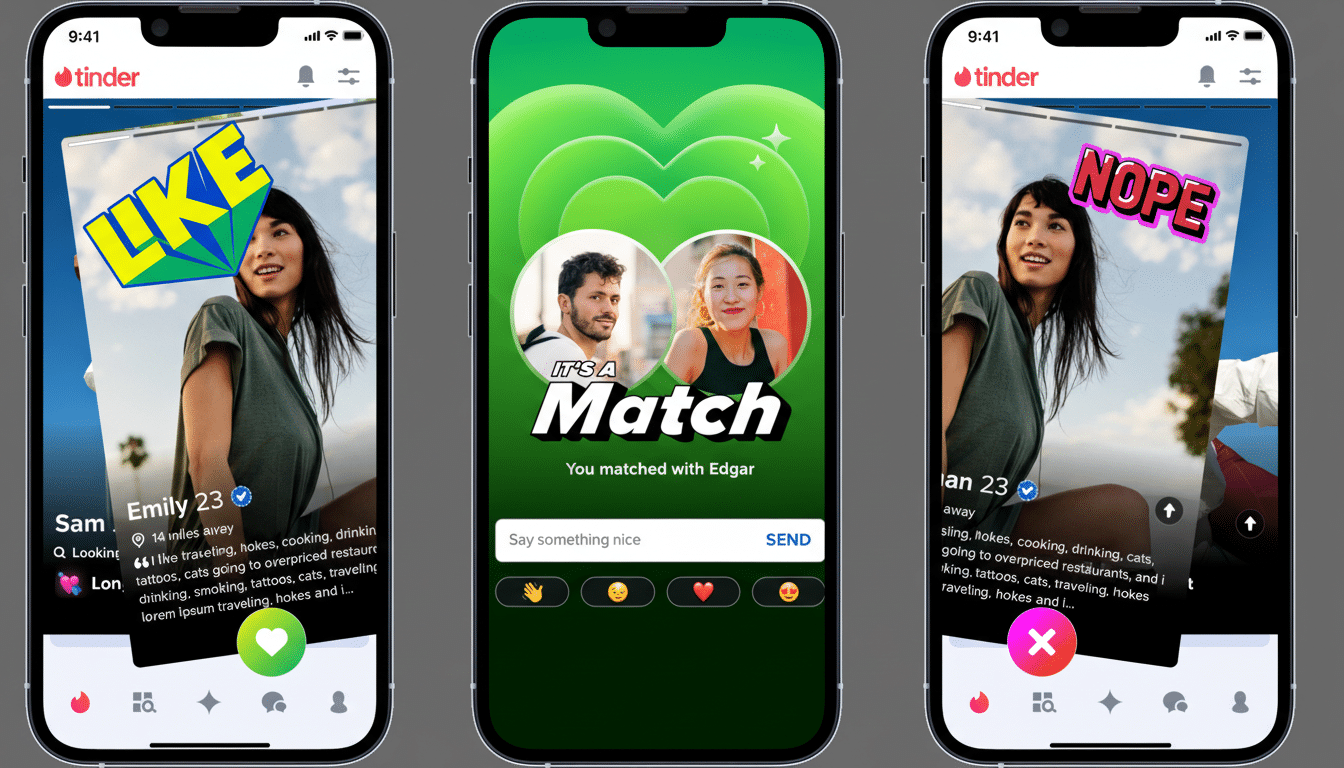 Three iPhones displaying the Tinder app interface. The left phone shows a profile of Emily 23 with a LIKE sticker. The middle phone shows a Its a Match screen with profiles of Edgar and Emily. The right phone shows Emilys profile with a NOPE sticker.