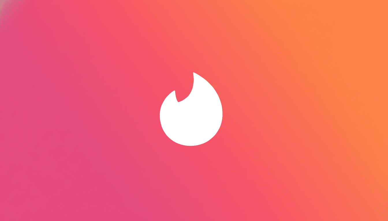 The Tinder flame logo, a white stylized flame, centered on a gradient background that transitions from pink on the left to orange on the right, resized to a 16:9 aspect ratio.
