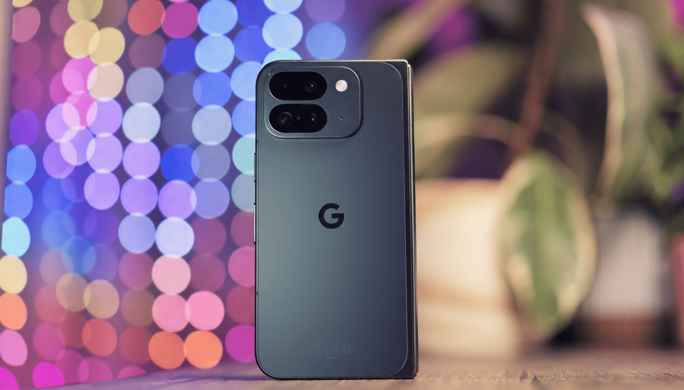 A dark gray Google Pixel Fold phone is shown from the back, standing upright on a wooden surface. The phone has a prominent G logo in the center and a camera module with two lenses at the top. The background is a vibrant bokeh of colorful lights, with a hint of green foliage on the right.