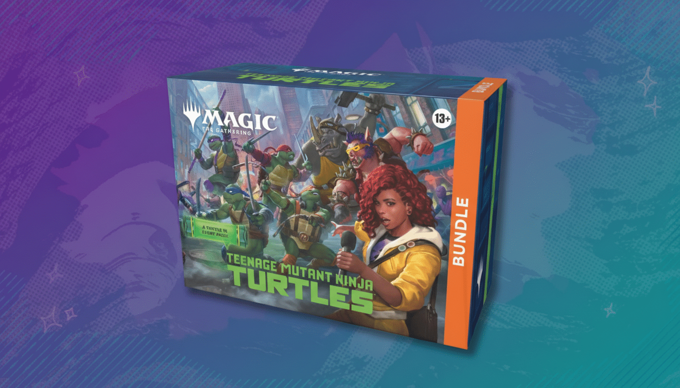 A Magic: The Gathering x Teenage Mutant Ninja Turtles bundle box is displayed at a 16:9 aspect ratio with a gradient background.