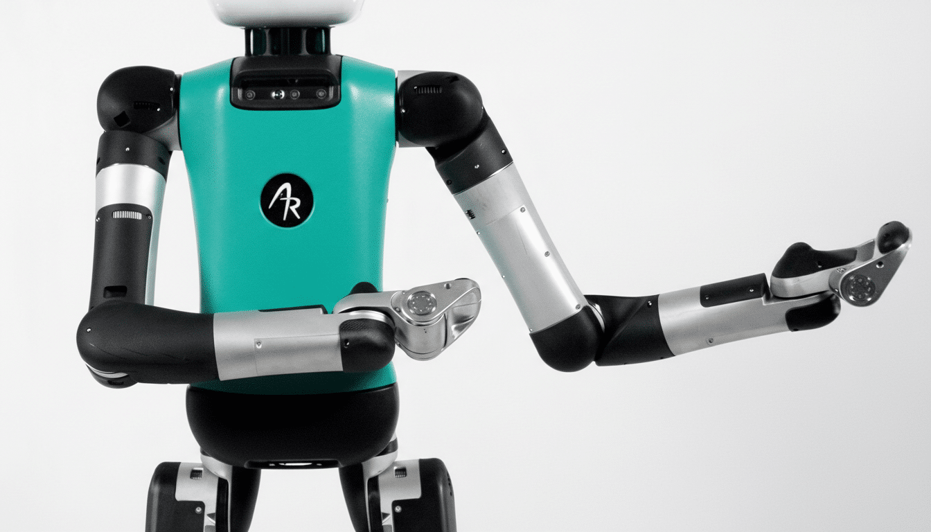 A humanoid robot with a teal torso and silver and black limbs, extending one arm as if presenting something.