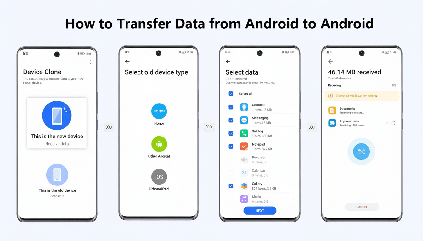 A 16:9 aspect ratio image showing four steps on how to transfer data from an Android to an Android device.