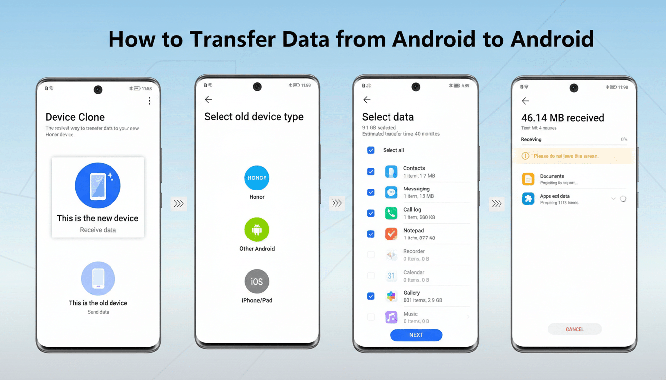 A 16:9 aspect ratio image showing four phone screens demonstrating how to transfer data from one Android phone to another. The first screen shows Device Clone with options to Receive data or Send data. The second screen shows Select old device type with options for Honor, Other Android, and iPhone/iPad. The third screen shows Select data with various data types like contacts, messages, call logs, and apps selected for transfer. The fourth screen shows 46.14 MB received with a progress bar indicating data transfer in progress. The background is a professional flat design with soft patterns.