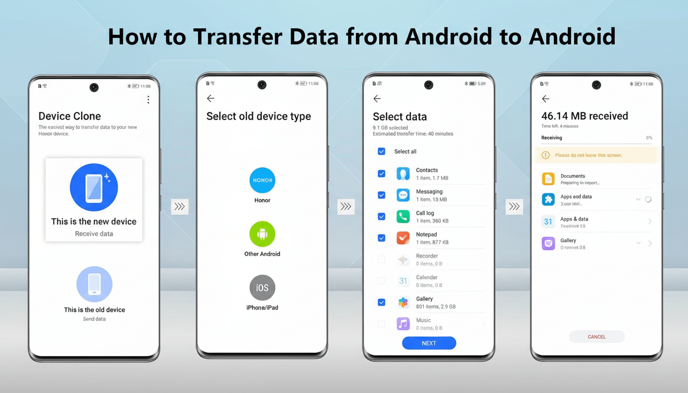 A 16:9 aspect ratio image showing four phone screens demonstrating the steps to transfer data from one Android phone to another. The screens display Device Clone, Select old device type, Select data, and 46.14 MB received with various data types selected for transfer.