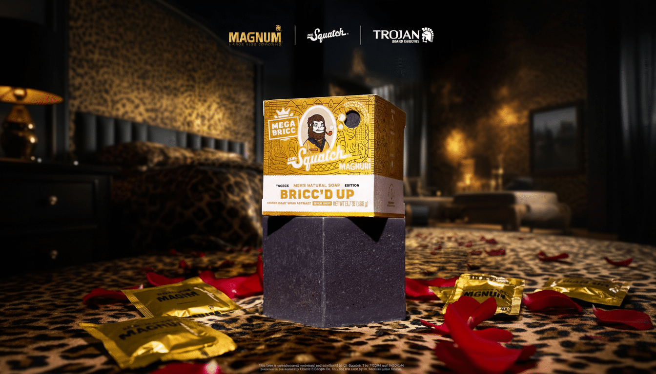 A 16:9 aspect ratio image of a Dr. Squatch Briccd Up soap bar and its packaging, with Magnum and Trojan logos at the top, set against a blurred background of a bedroom with leopard print bedding and red rose petals.