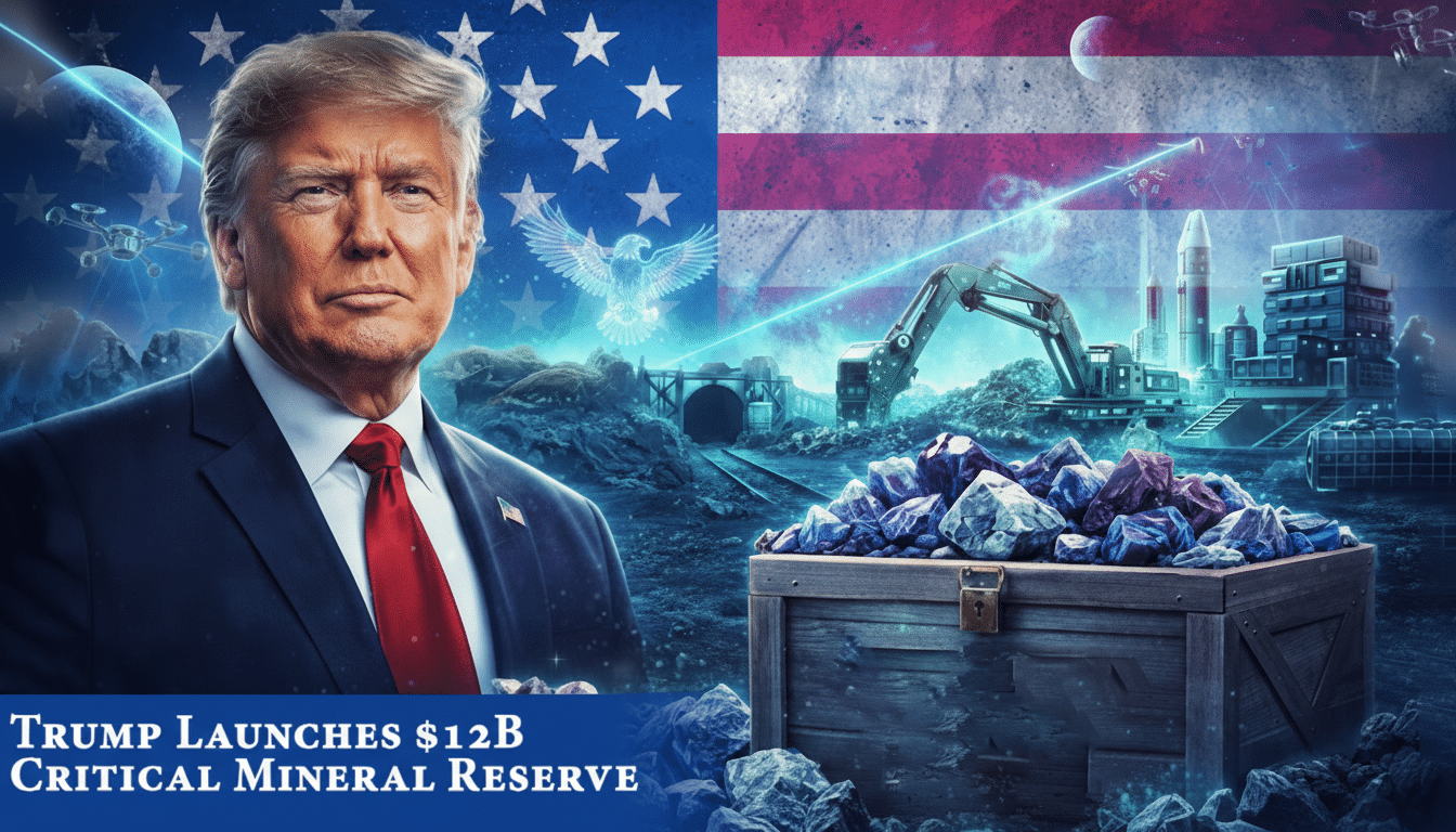 A 16:9 aspect ratio image featuring Donald Trump in a suit and red tie, with an American flag design behind him. The background shows a futuristic, industrial landscape with mining equipment, glowing blue lines, and a wooden crate filled with purple and grey minerals. The text TRUMP LAUNCHES $12B CRITICAL MINERAL RESERVE is at the bottom left.