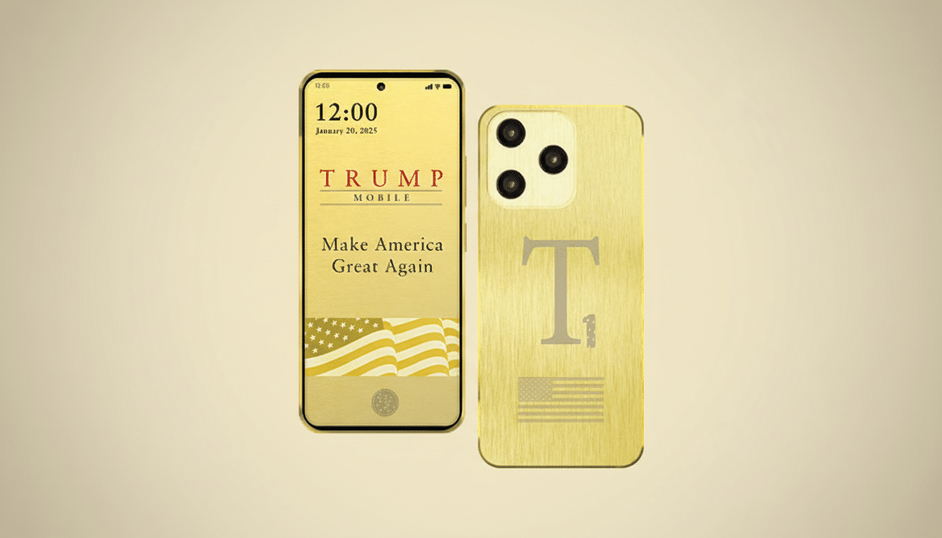 A gold-colored smartphone with TRUMP MOBILE and Make America Great Again on the screen, next to its gold-colored back with a T and an American flag, presented on a professional flat background with a soft gradient.