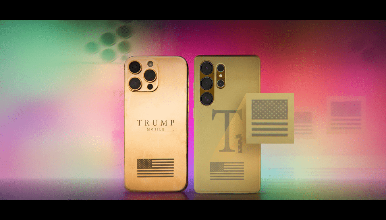 Two gold-colored smartphones, one with TRUMP MOBILE and an American flag, and the other with a large T and an American flag, are displayed against a blurred, colorful background.