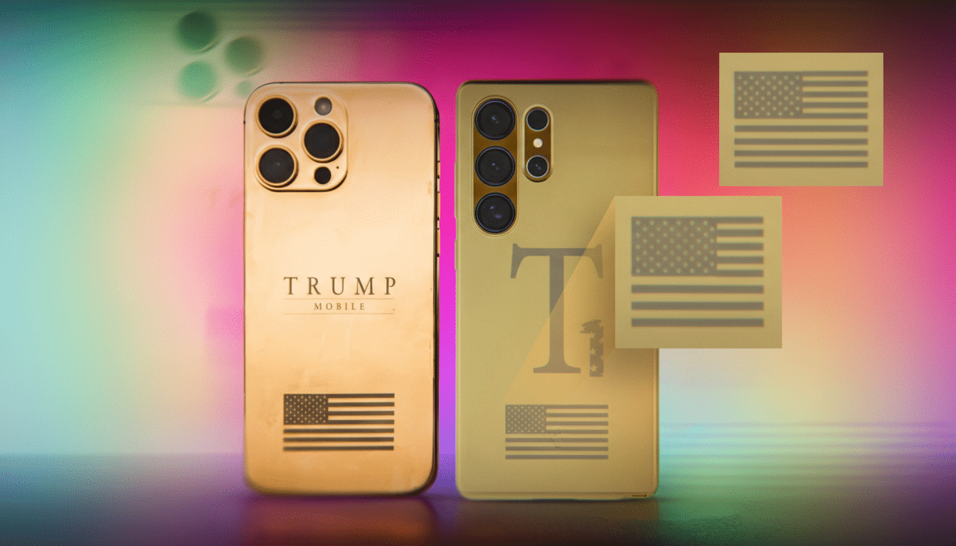 Two gold-colored smartphones, one with TRUMP MOBILE and an American flag, and the other with a large T and an American flag, are displayed against a vibrant, blurred background.